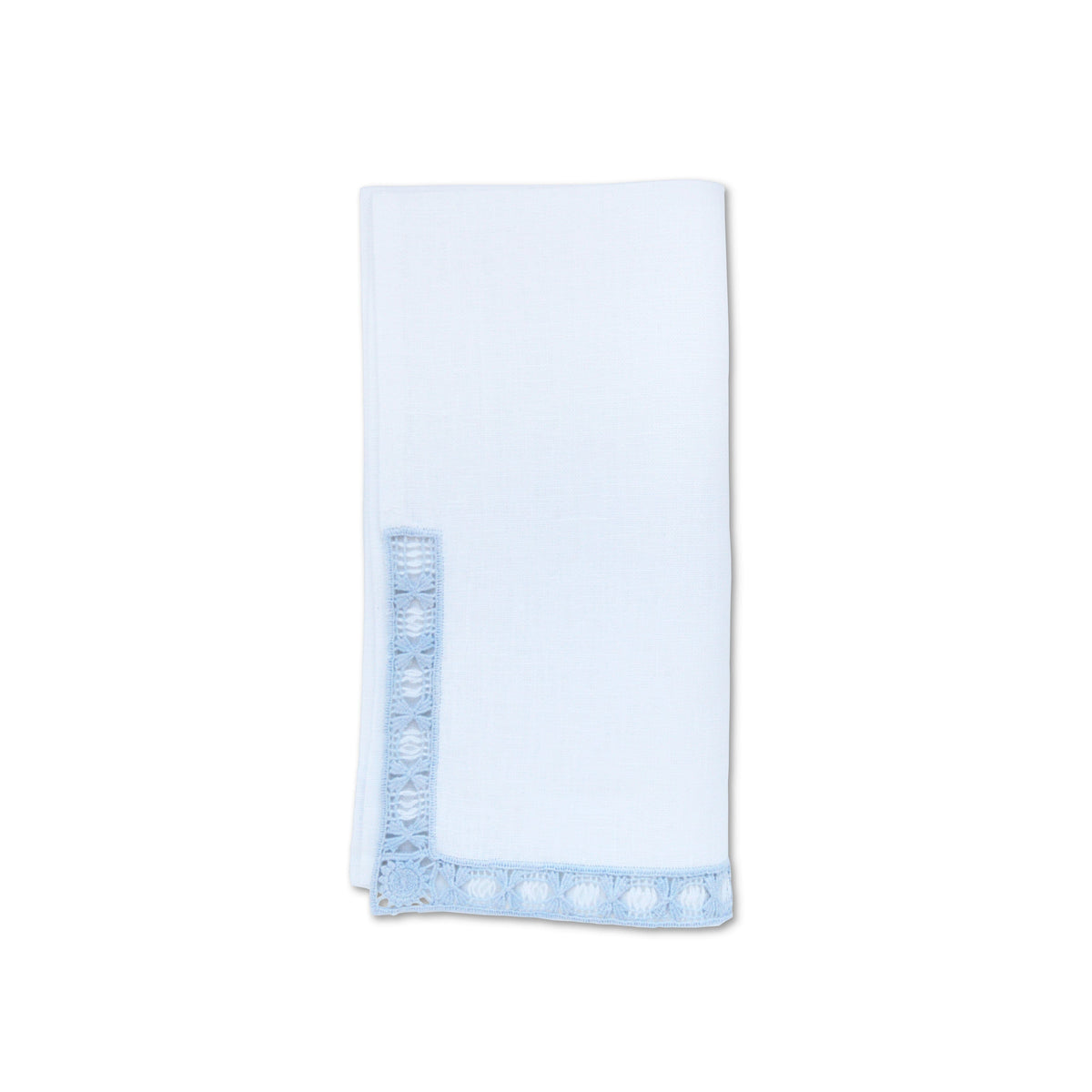 Front view of Blue Trim Dinner Napkins set of 4 showcasing white linen and pale blue cotton thread border on white background