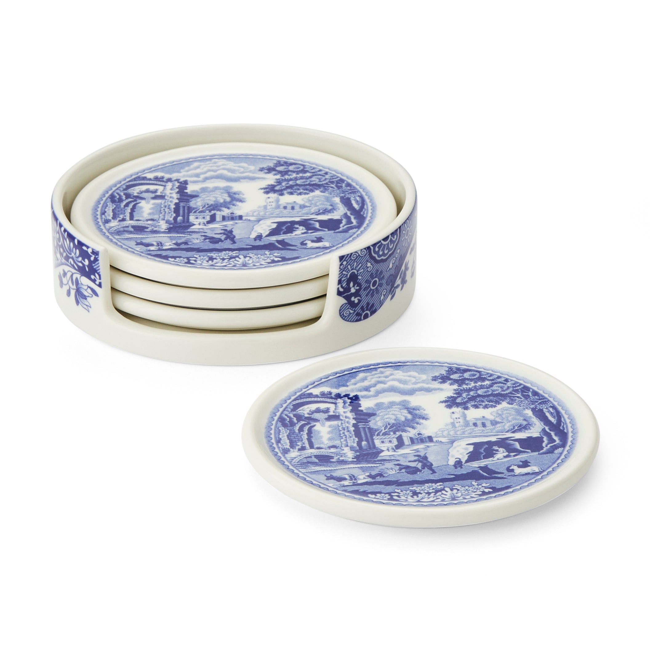 Blue Italian 4-Piece Ceramic Coaster Set with Holder