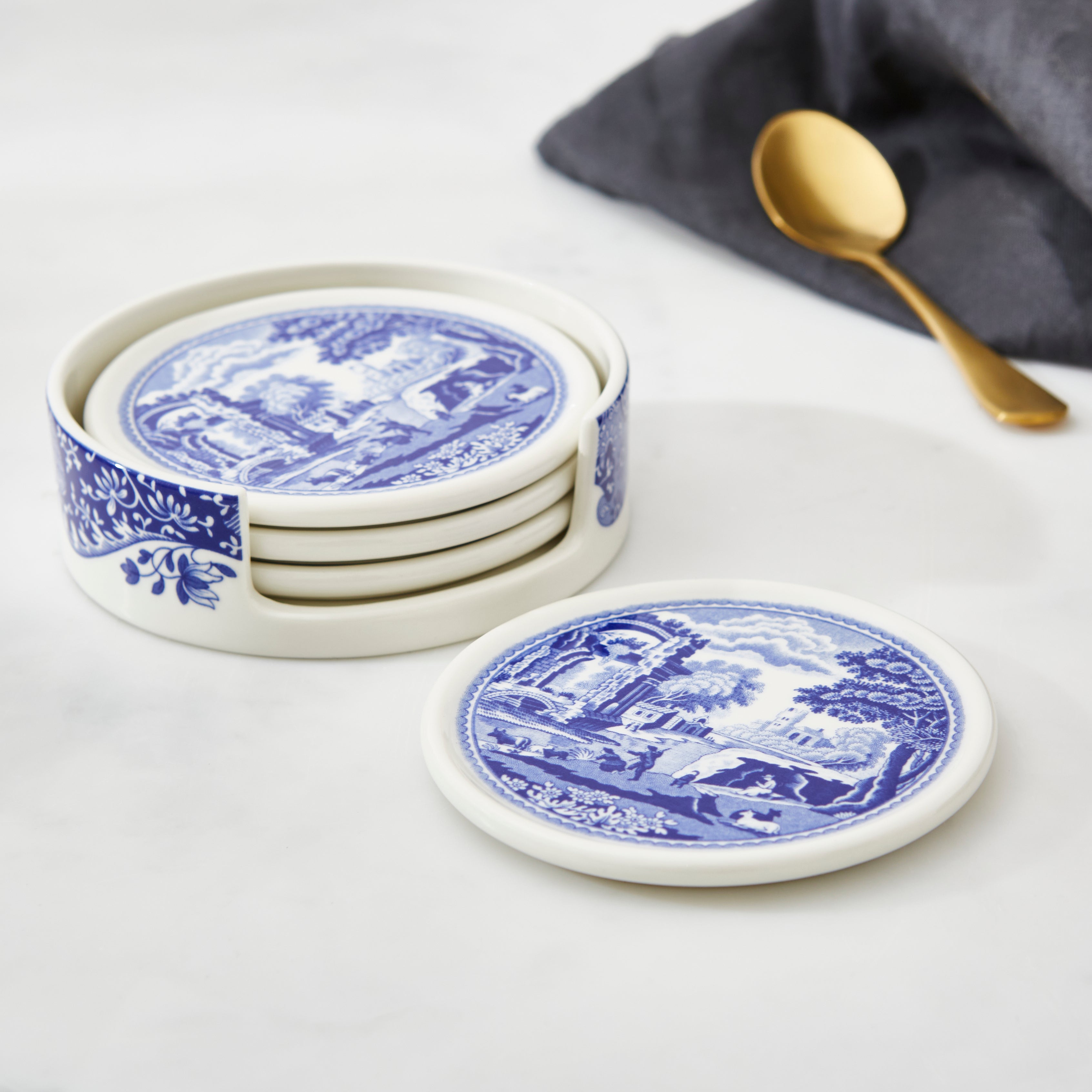 Blue Italian 4-Piece Ceramic Coaster Set with Holder
