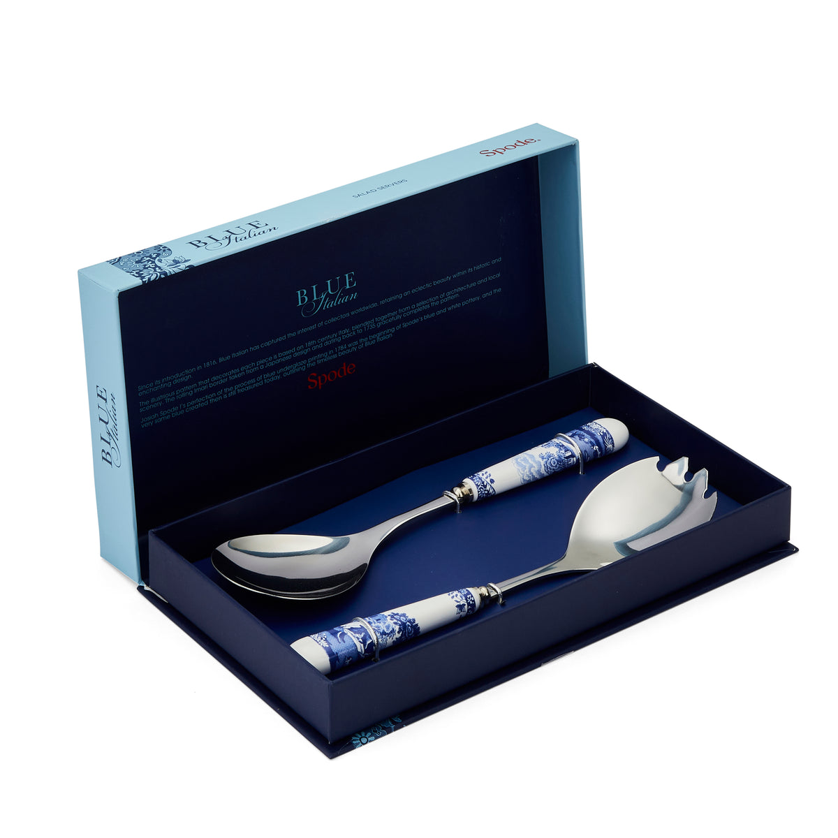 Open-box view of Blue Italian Salad Servers, Set of 2 with stainless steel heads and blue and white ceramic handles