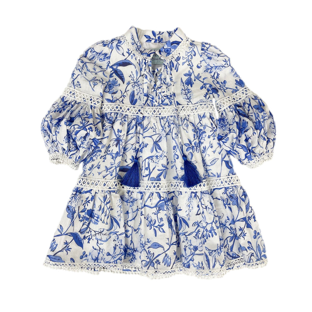 Blue and white floral girls dress with foliage print, lace tassel trim, puff sleeves, and soft cotton lining from the Jaylin Collection.