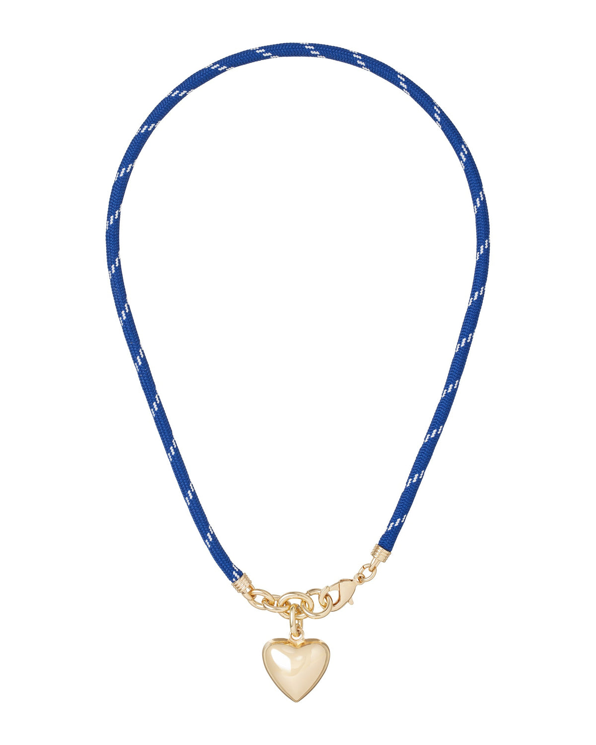 Top view of Happy Cord Charm Necklace showing blue cord with white stitching, gold puffy heart charm and lobster clasp