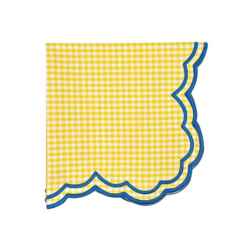 Yellow gingham napkin with blue embroidery - luxury napkin