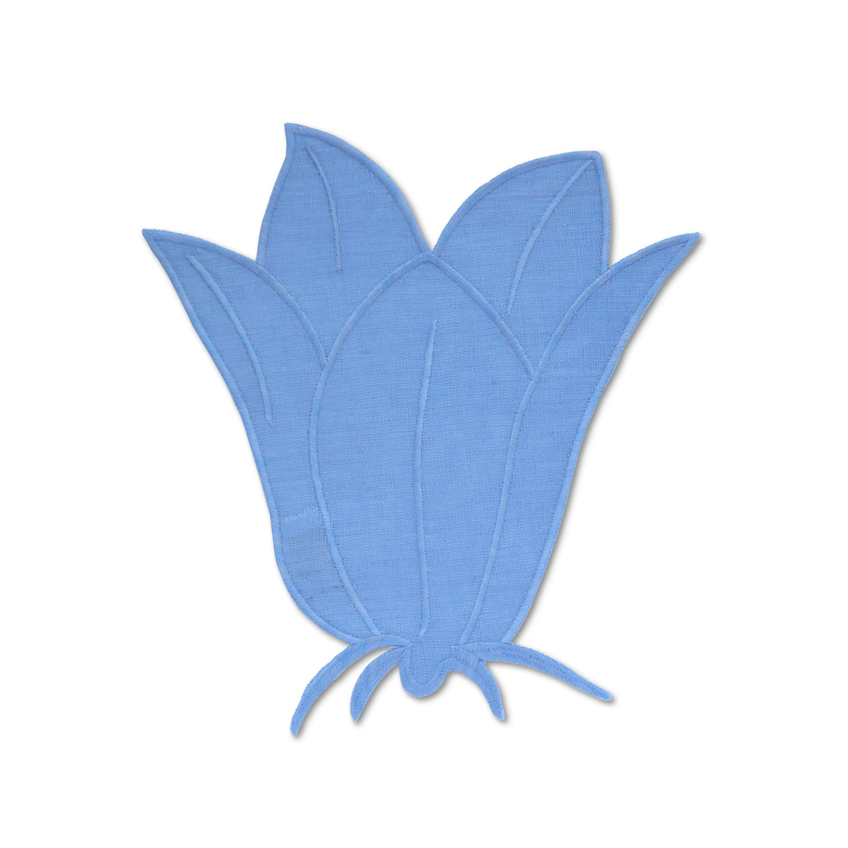 Front view of Blue Bell Cocktail Napkins, Set of 4 showcasing blue linen flower design on a white background