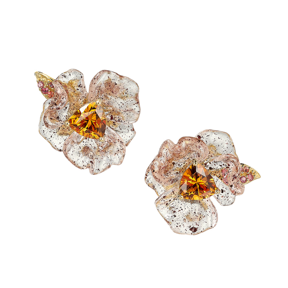 Front view of Blueberry Petunia stud earrings with translucent speckled petals and triangular amber center stones on white