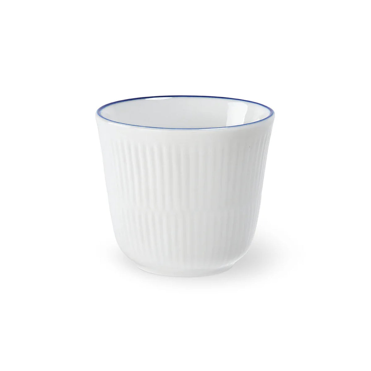 Front view of the Blueline Thermal Mug showcasing its fluted porcelain body and blue rim with a white background