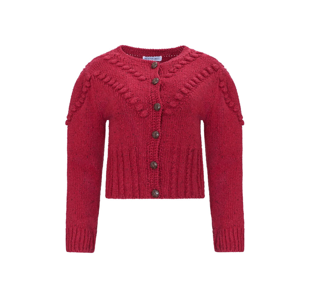 Front view of Bobble Sweater in Maroon showcasing hand knitted bobbles and leather knot button-front closure