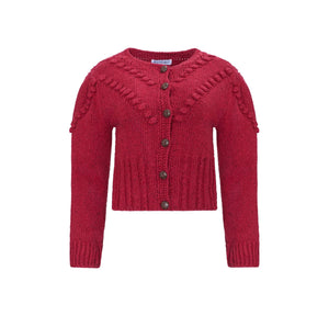 Front view of Bobble Sweater in Maroon showcasing hand knitted bobbles and leather knot button-front closure