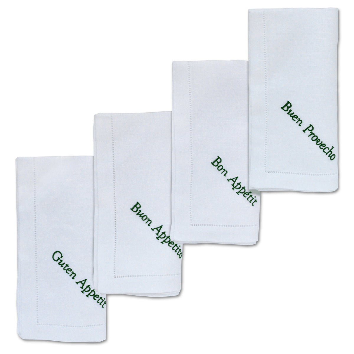 Front view of Bon Appétit dinner napkins set of 4 showcasing green embroidered greetings in French, Spanish, German and Italian