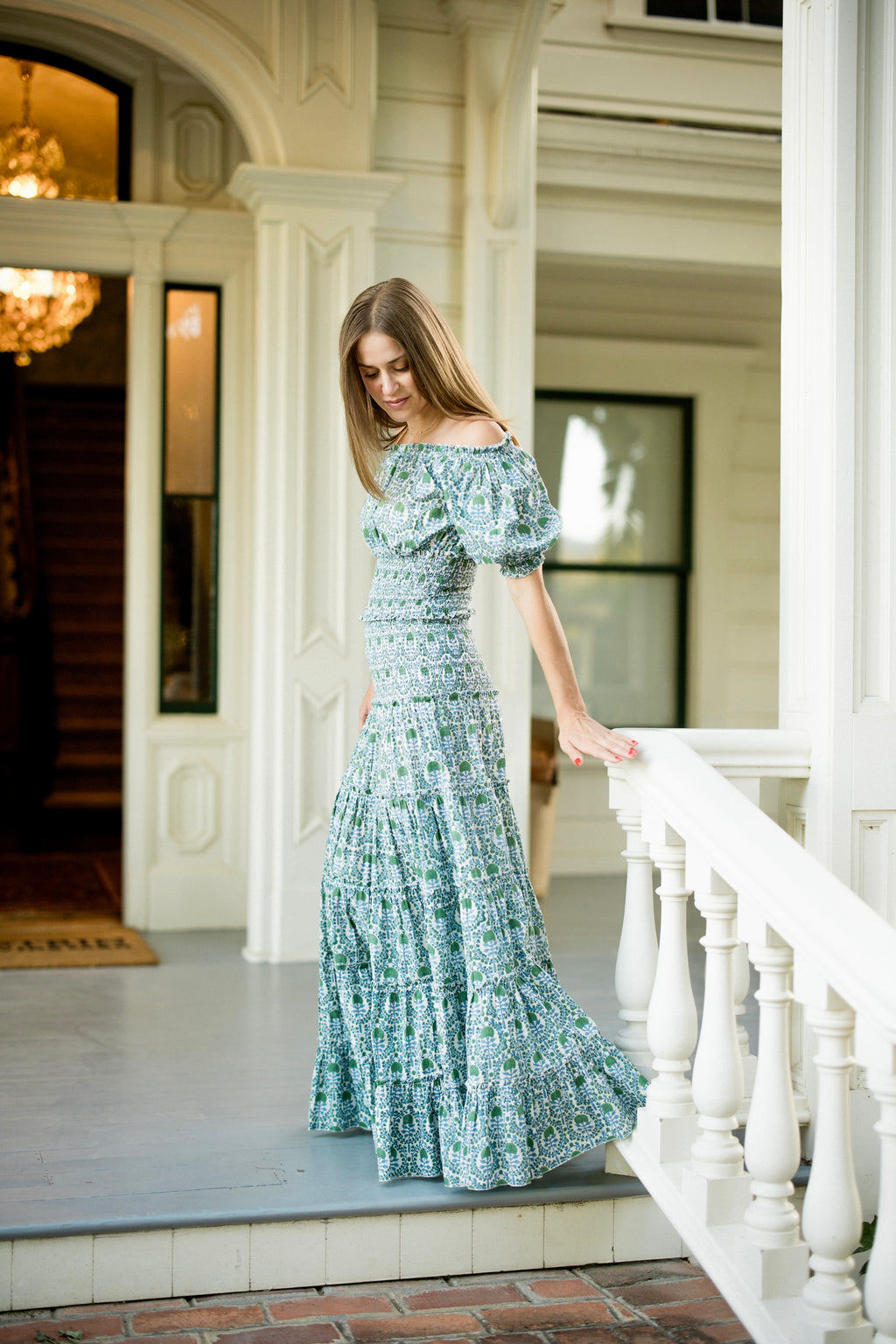 Bora Bora Smocked Tiered Skirt in Blue/Green