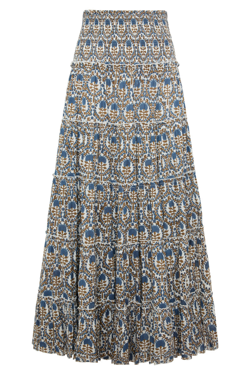 Bora Bora Smocked Tiered Skirt in Khaki/Navy