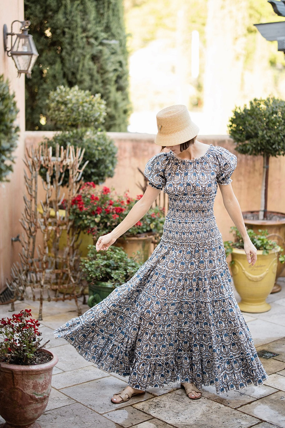 Bora Bora Smocked Tiered Skirt in Khaki/Navy
