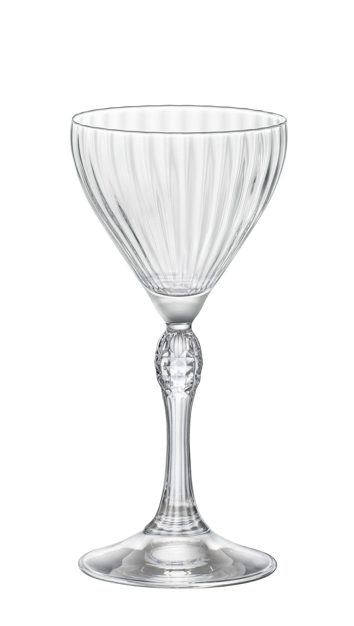 Front view of a Bormioli Rocco America ‘20s Nick & Nora glass showcasing fine star-cut detailing on white background
