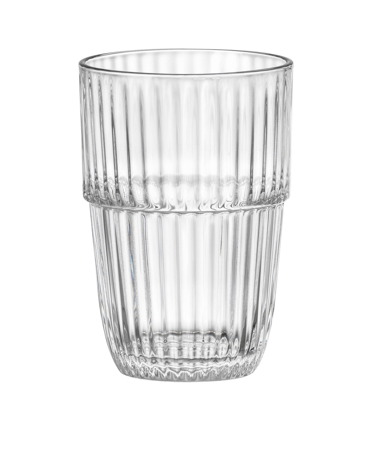 Front view of Bormioli Rocco Barshine Cooler set of 6 showcasing clear ribbed glass tumblers stacked on a white background