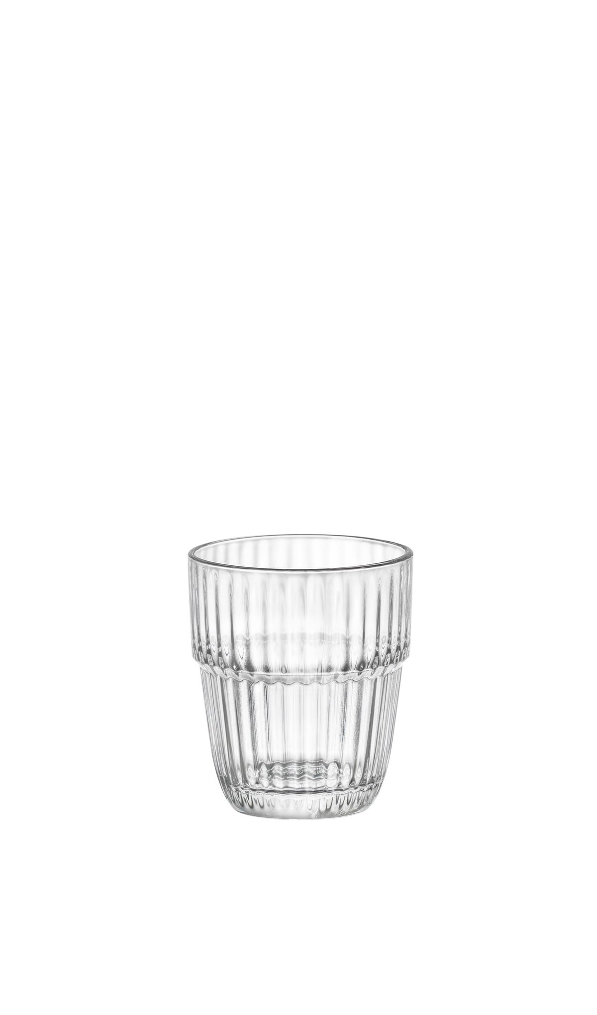 Front view of Bormioli Rocco Barshine Juice tumbler showcasing ribbed glass design with white background