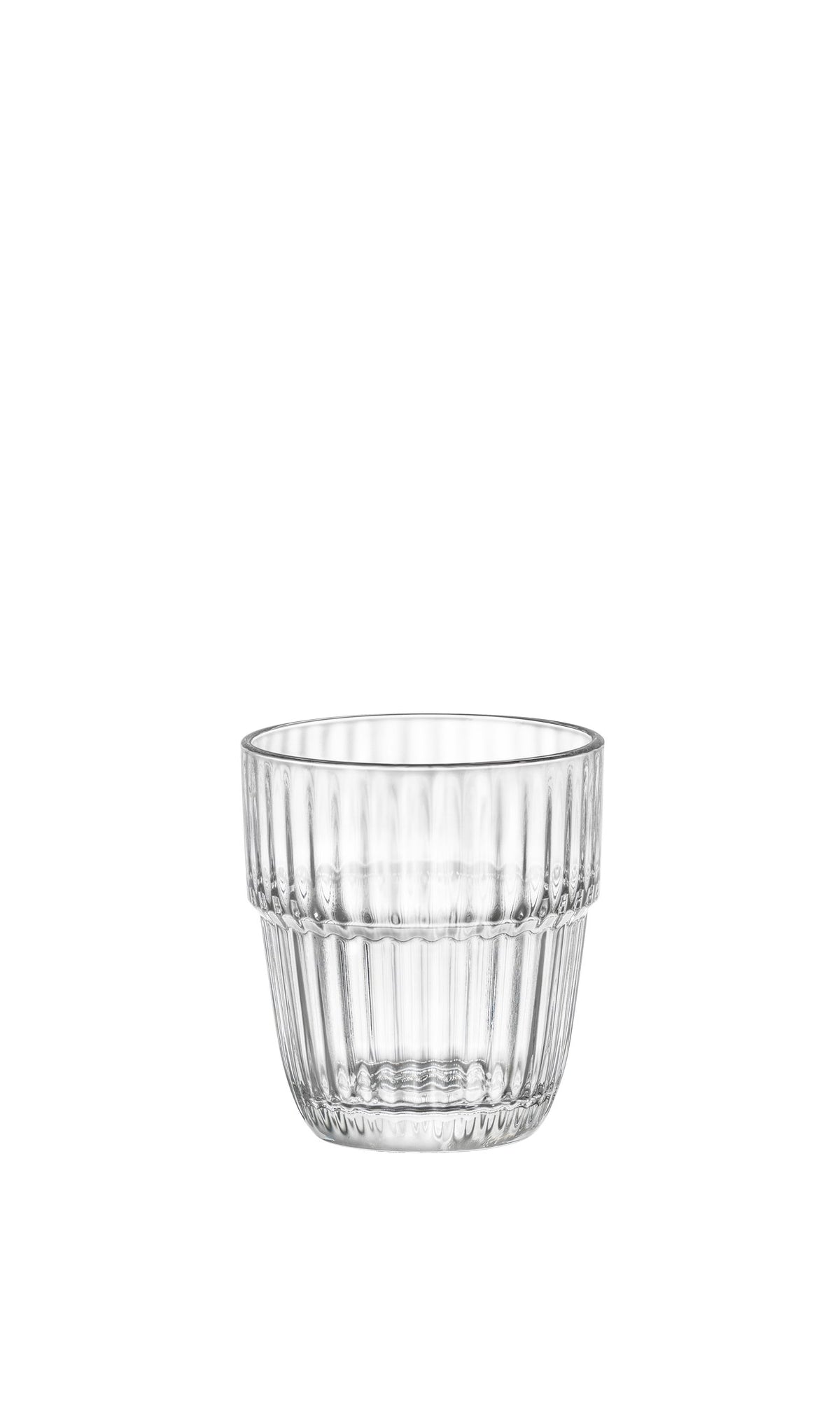 Front view of Bormioli Rocco Barshine Rocks tumbler showcasing ribbed glass design with a white background