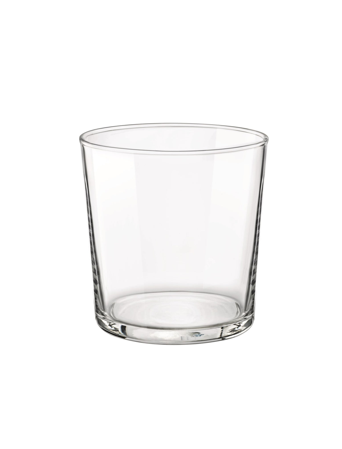 Front view of Bormioli Rocco Bodega Tumbler Medium Set of 12 showcasing clear tempered glass on a white background