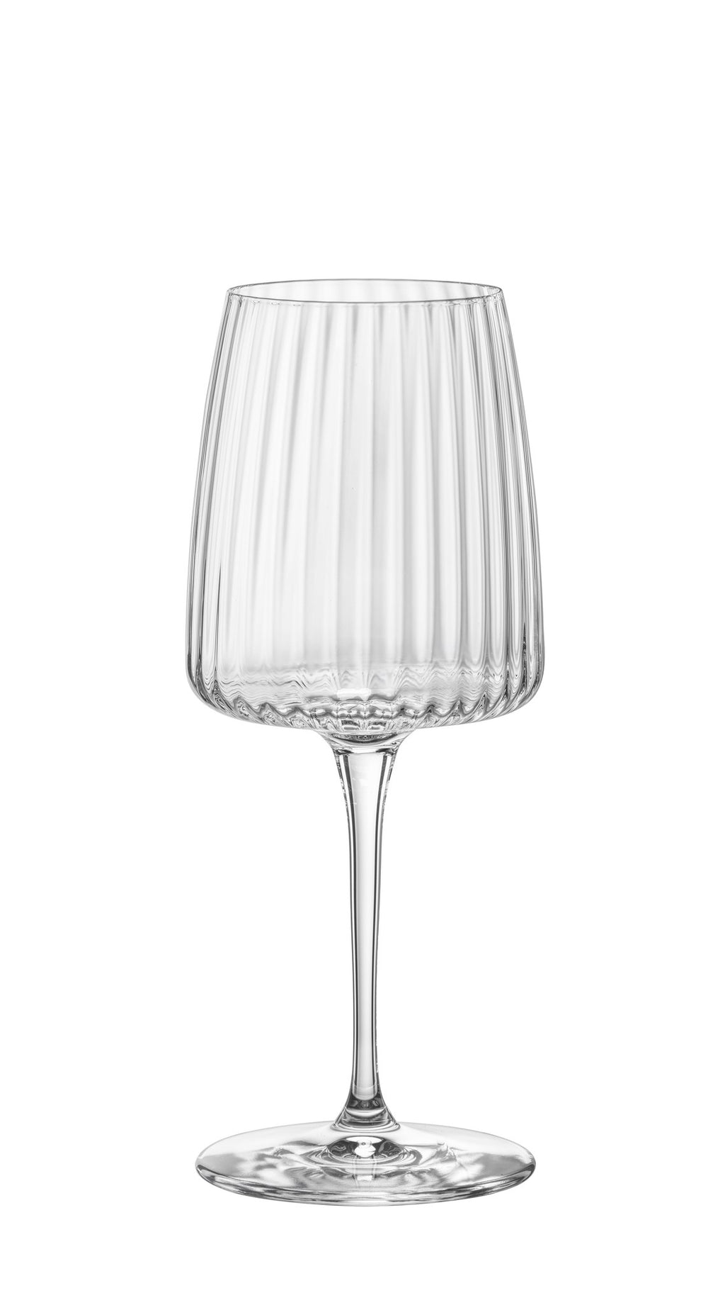 Front view of Bormioli Rocco Exclusiva Chardonnay set of 4 showcasing a clear fluted wine glass on white