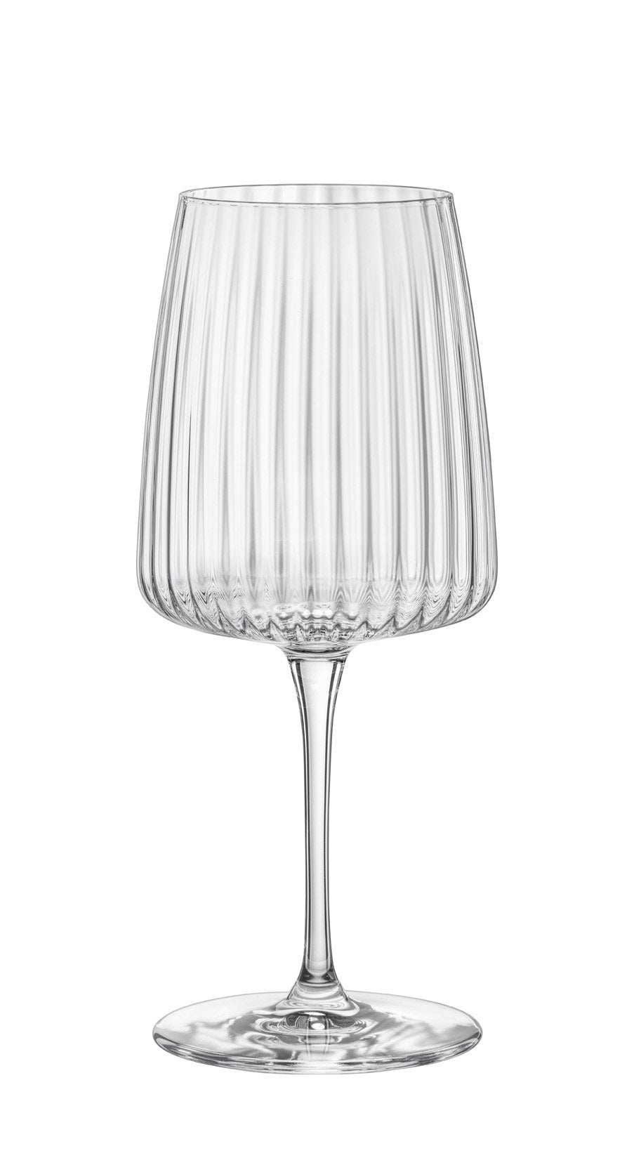 Front view of Bormioli Rocco Exclusiva Merlot set of four wine glasses showcasing fluted bowls and pulled stems on white background