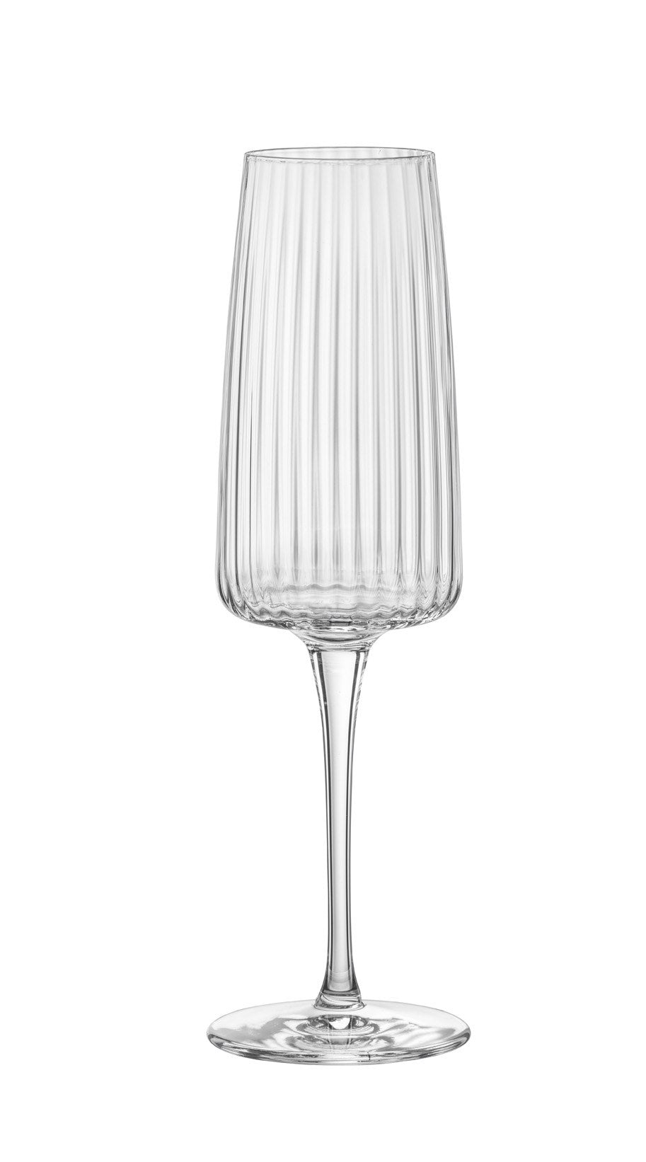 Front view of one Bormioli Rocco Exclusiva Prosecco glass from a set of four, showcasing vertical fluting and pulled stem with white background