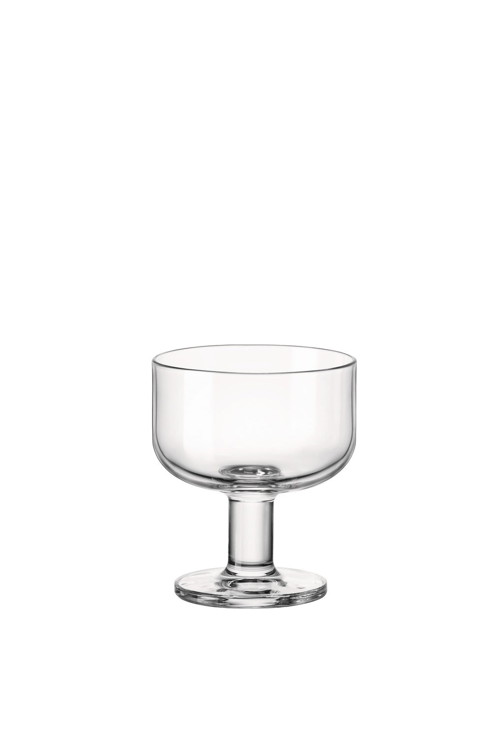 Front view of a Bormioli Rocco Hosteria Dessert glass showcasing its clear stemmed bowl and footed base against a white background