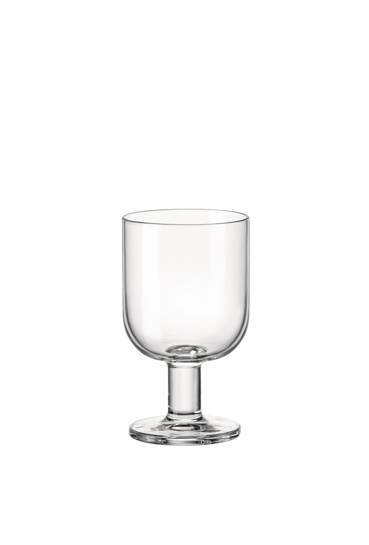 Front view of Bormioli Rocco Hosteria Large glass tumbler showcasing clear tempered glass and short stem on white background