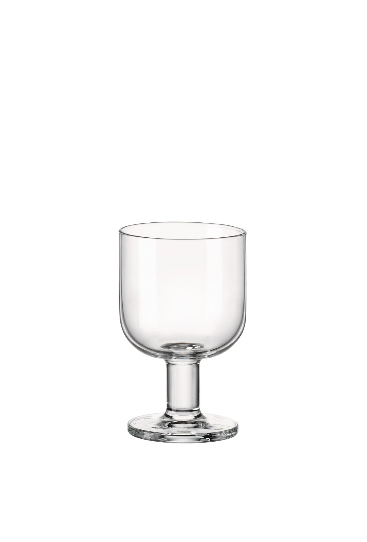 Front view of Bormioli Rocco Hosteria Medium tumbler showcasing clear glass, rounded bowl, short stem, and wide base on white background
