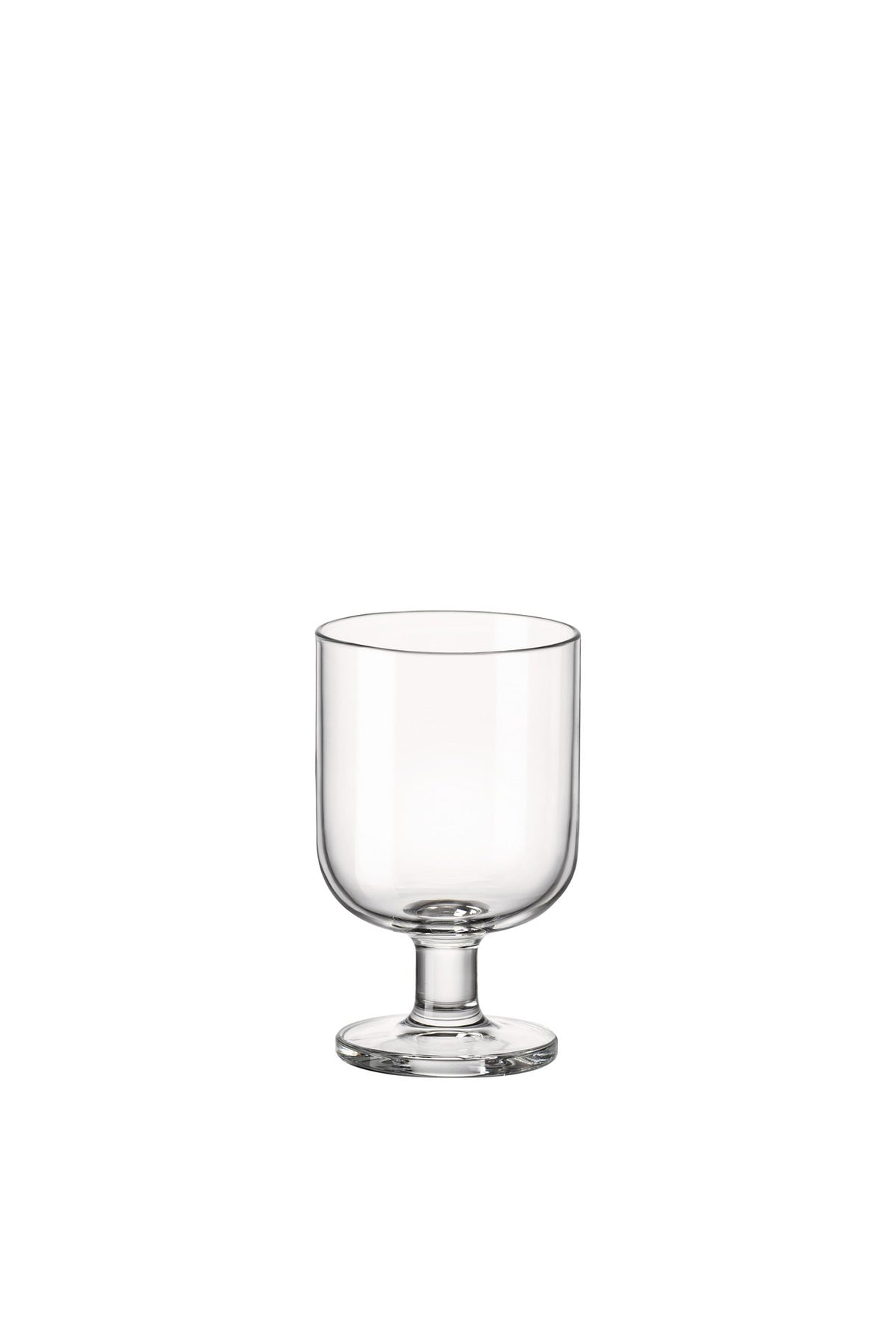 Front view of Bormioli Rocco Hosteria Small, Set of 6 showcasing a clear cylindrical glass with short stem and flat base on white background