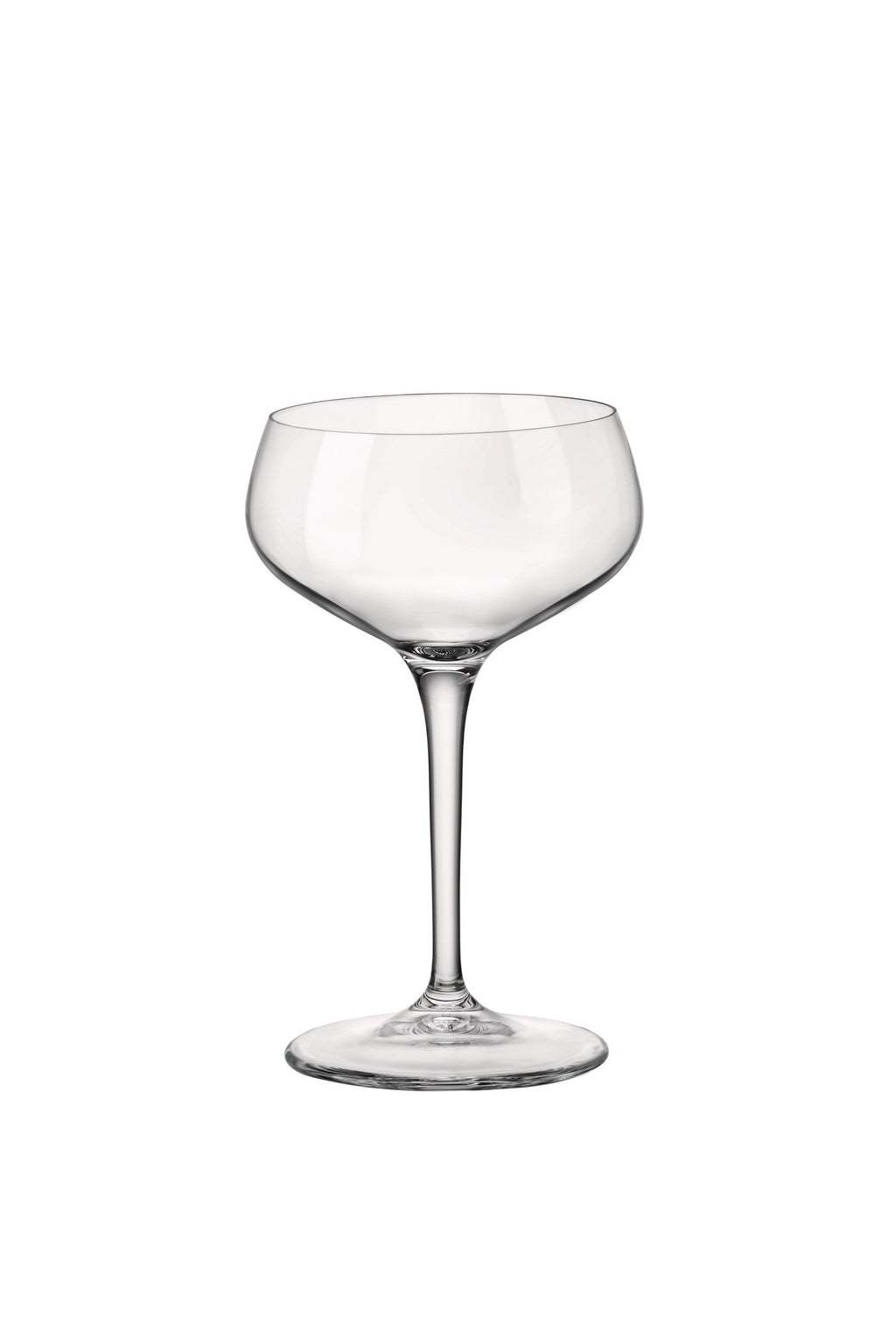 Front view of Bormioli Rocco Novecento cocktail coupe, set of 4, showcasing clear glass and pulled stem on white background