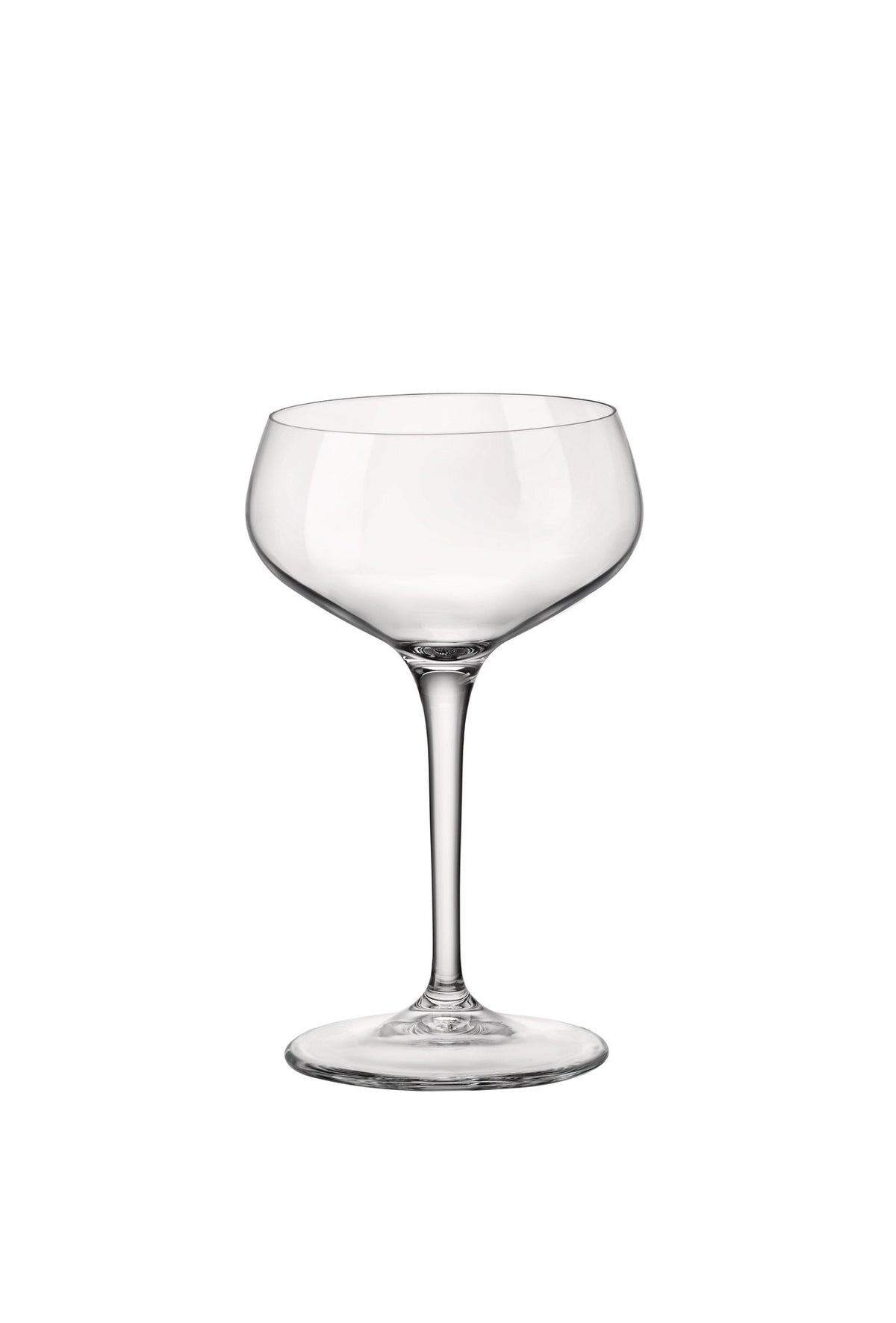 Front view of Bormioli Rocco Novecento cocktail coupe, set of 4, showcasing clear glass and pulled stem on white background
