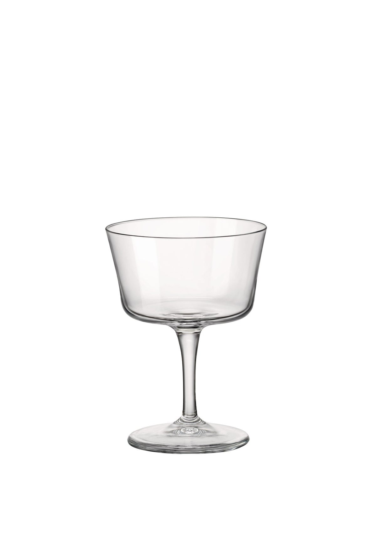 Front view of Bormioli Rocco Novecento Fizz set of 4 tumbler showcasing pulled stem with white background