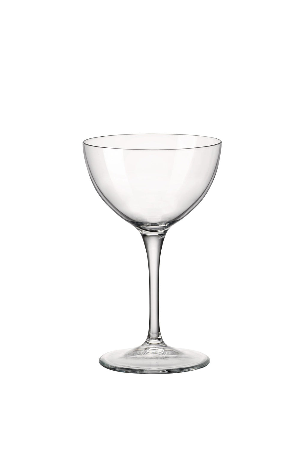 Front view of Bormioli Rocco Novecento Martini, Set of 4 showcasing clear Star Glass and pulled stem on white background