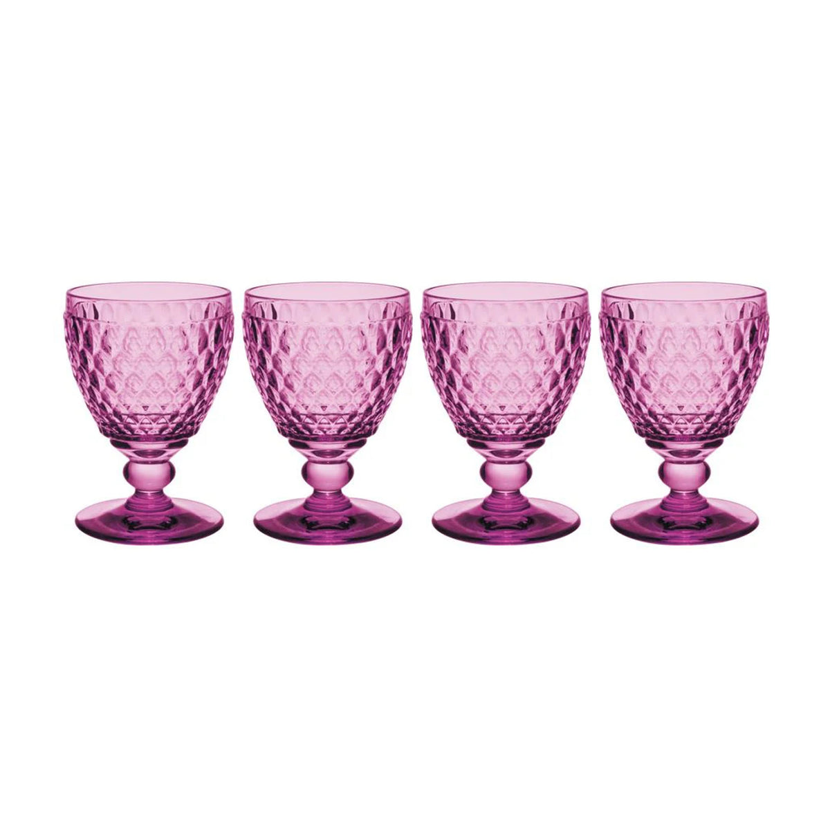 Front view of four Boston Berry red wine goblets showcasing faceted diamond pattern and short stems on white background