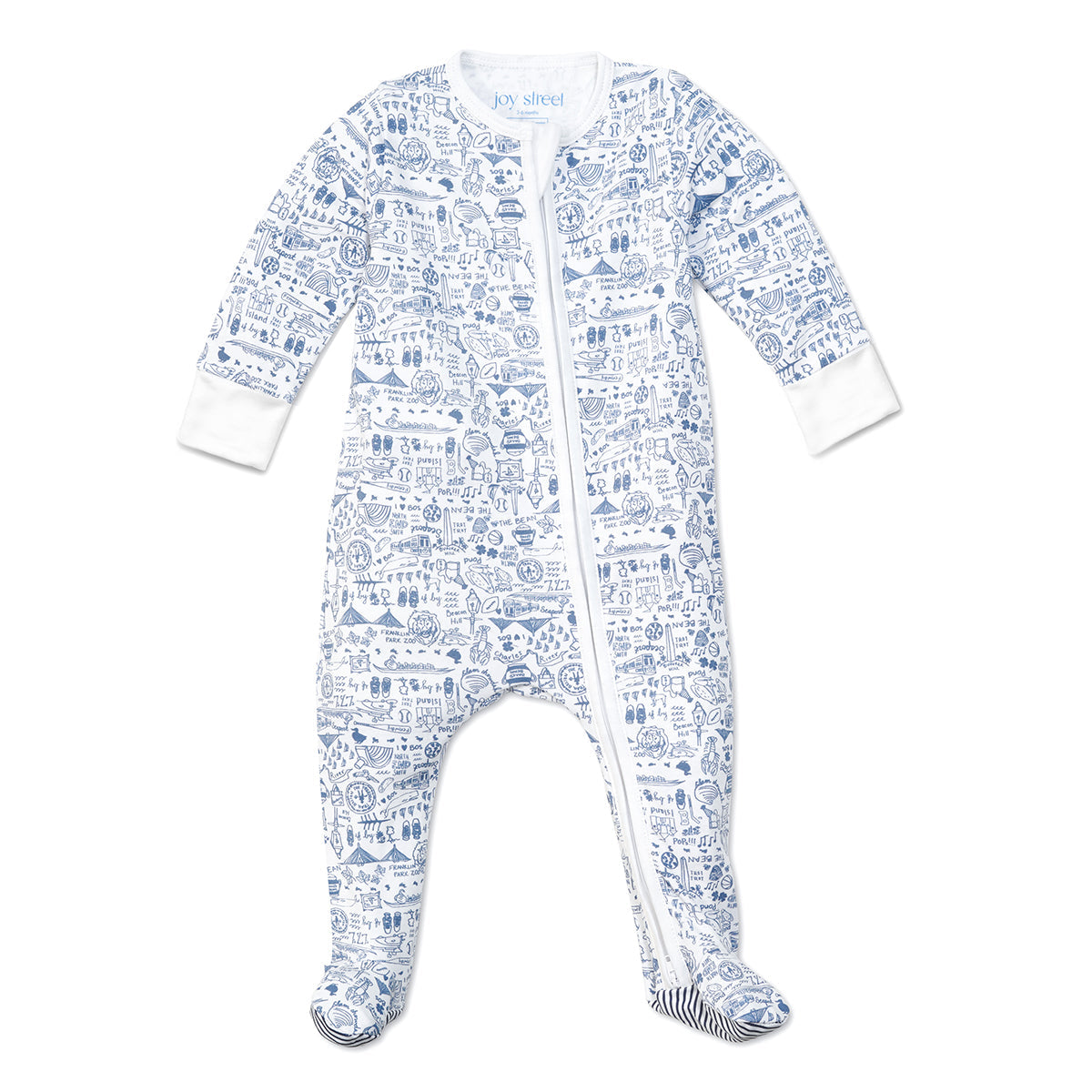 Front view of Boston Zip Baby Onesie in Sailor Blue showcasing blue Boston landmark print, side zip, and footed legs on white background