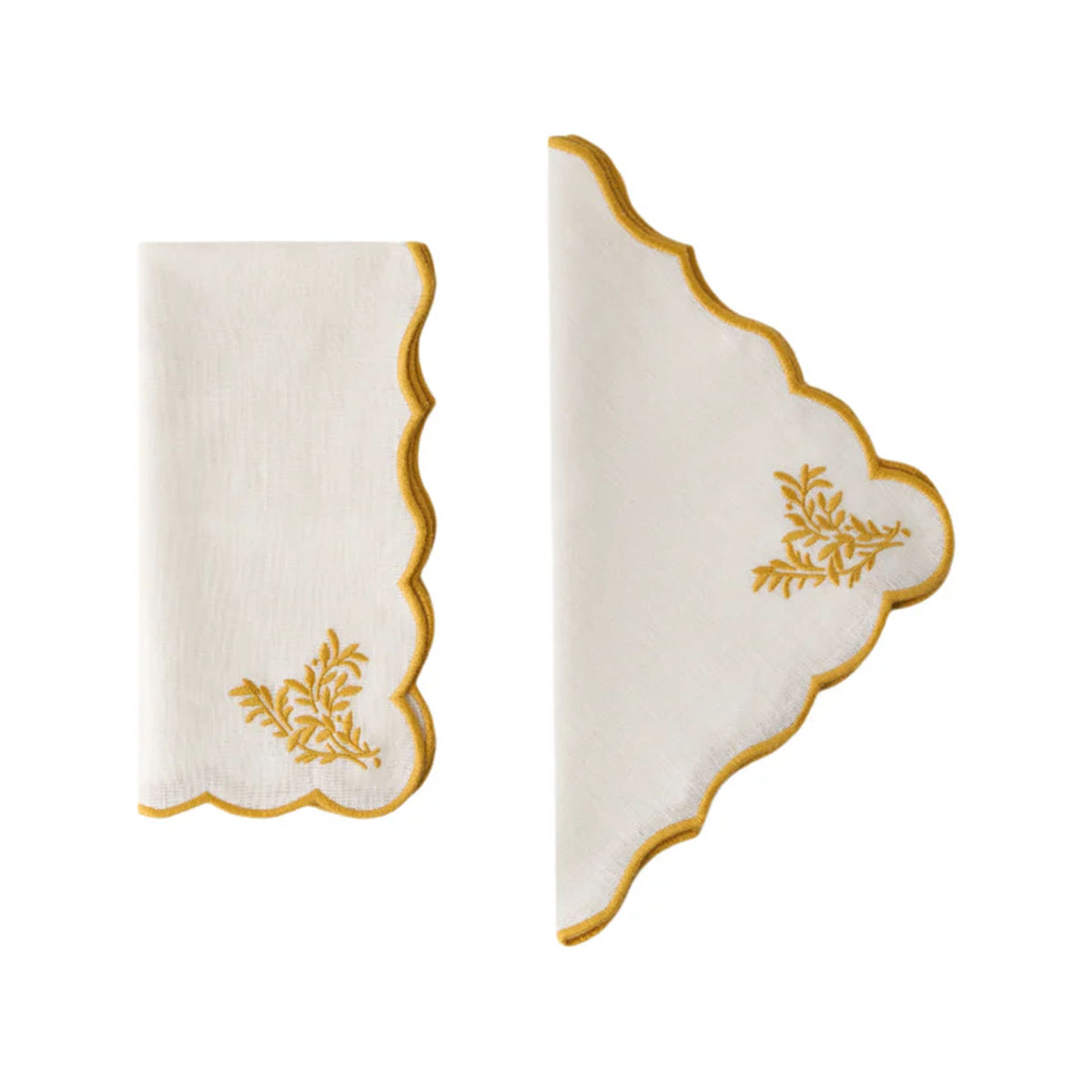 Front and folded views of the Botanica Embroidered Napkin in Yellow with scalloped edging and floral embroidery