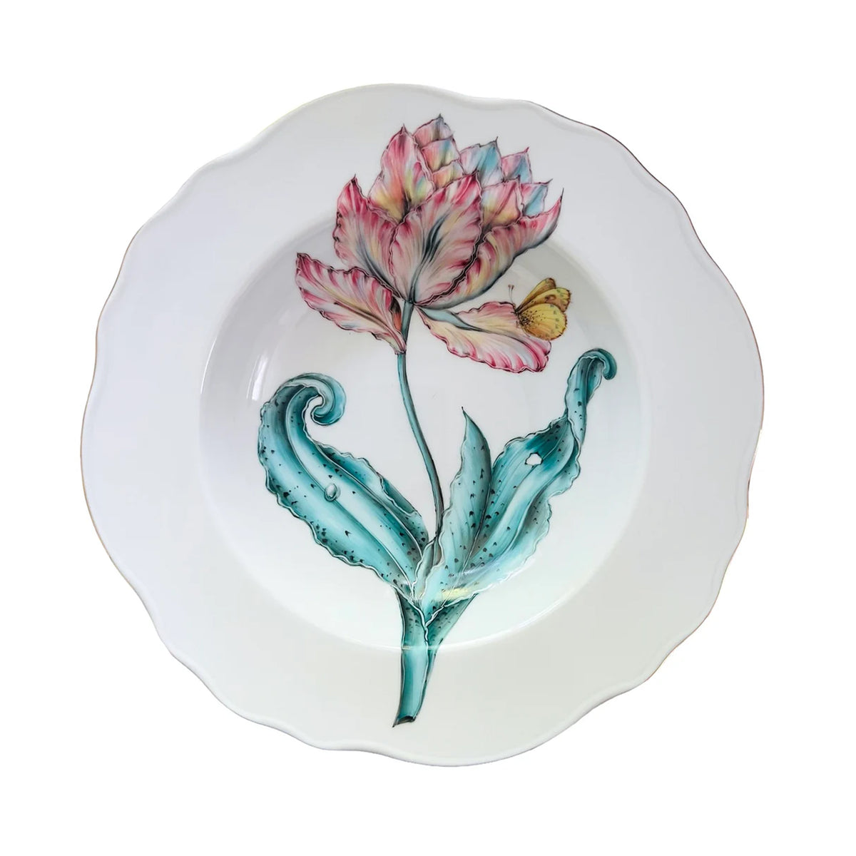 Top view of Botanical Treasures rim soup plate showing hand-painted pink tulip and teal leaves with scalloped gilt edge