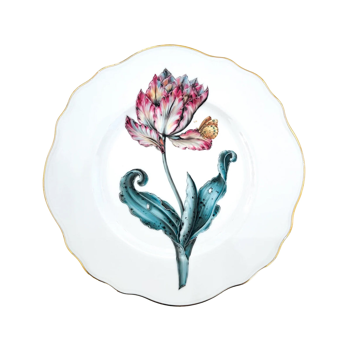Top view of Botanical Treasures Salad Plate #4 with a hand-painted pink flower, blue leaves, butterfly, and gold rim