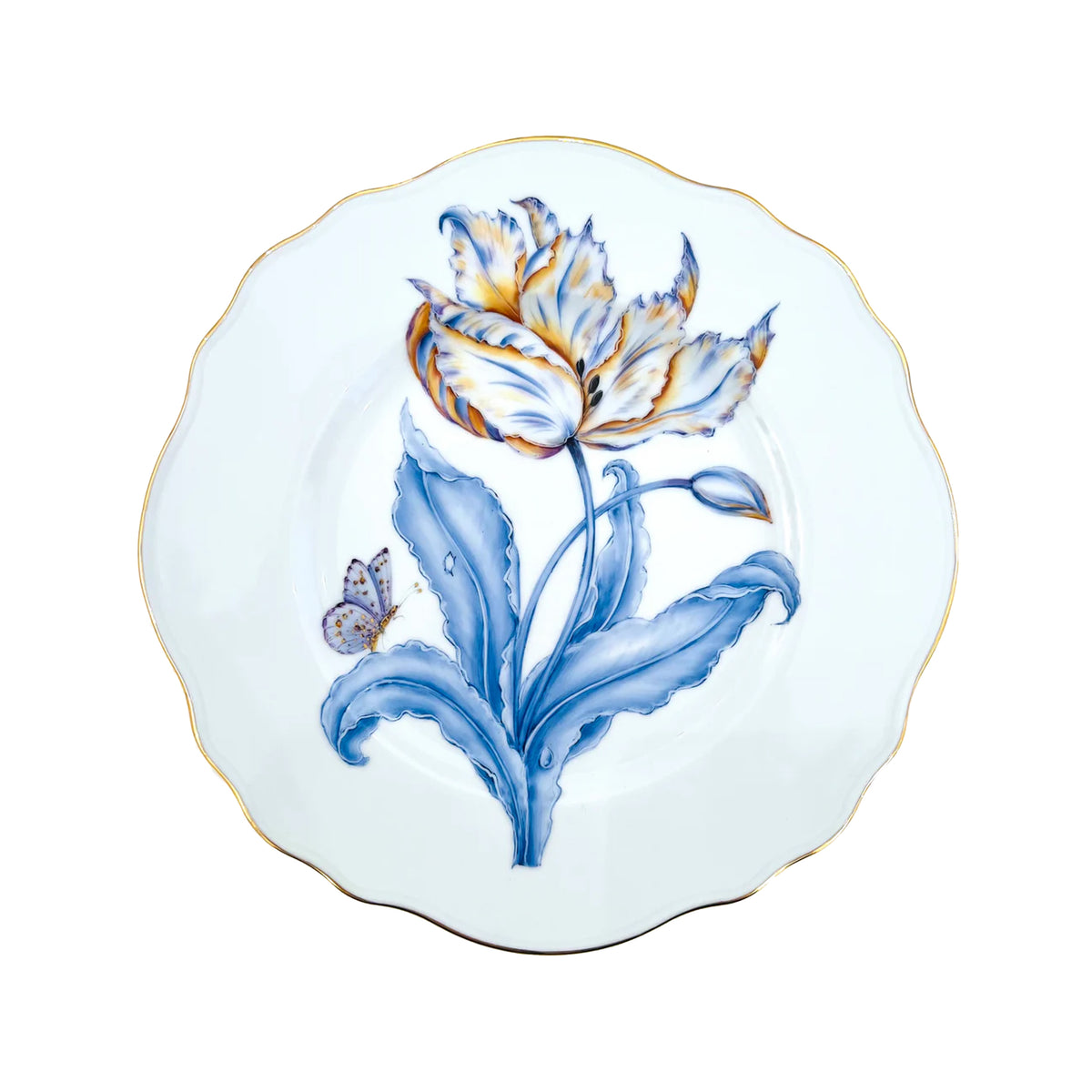 Top down view of Botanical Treasures salad plate showing hand painted blue and yellow floral motif and gold scalloped rim