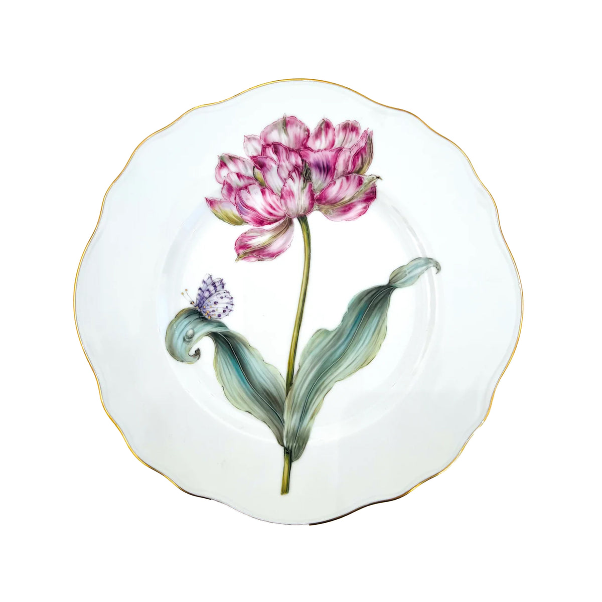 Top view of Botanical Treasures Salad Plate #1 showcasing a hand-painted pink flower and green leaves with a white background