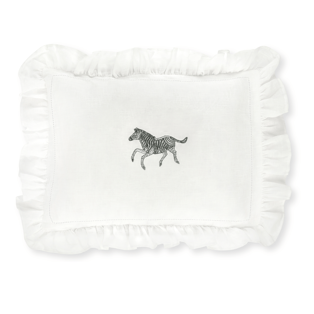 Front view of boudoir pillow showcasing its frill edge and exclusive zebra embroidery on a white background