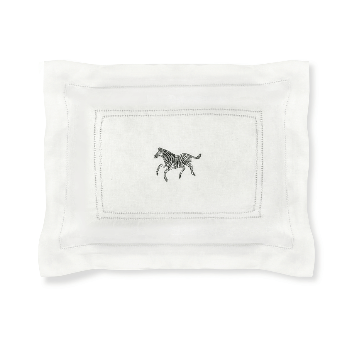 Front view of the boudoir pillow showcasing Parma Grey hemstitch border and zebra embroidery on a white background