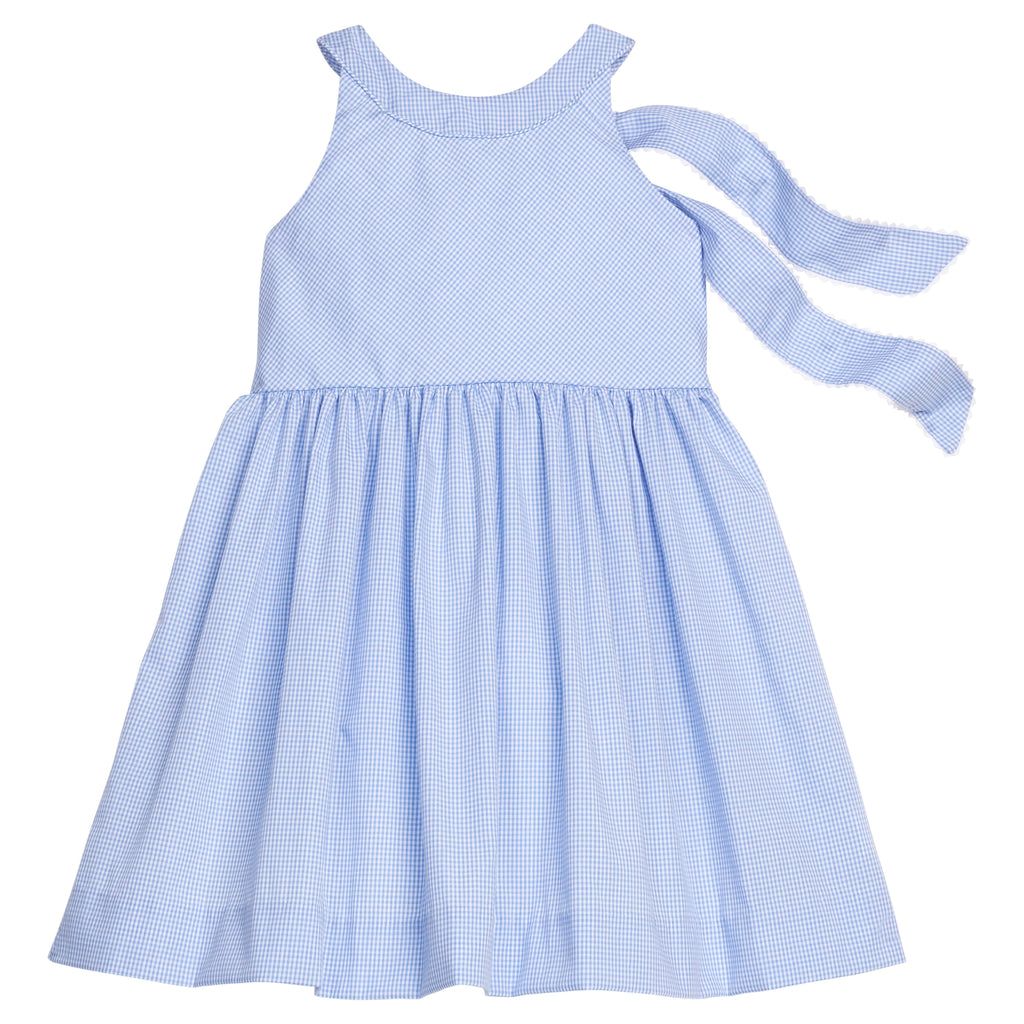 Little English traditional children's clothing.  Royal blue mini gingham sleeveless dress with white ricrac trim and bow tie in back for little girls