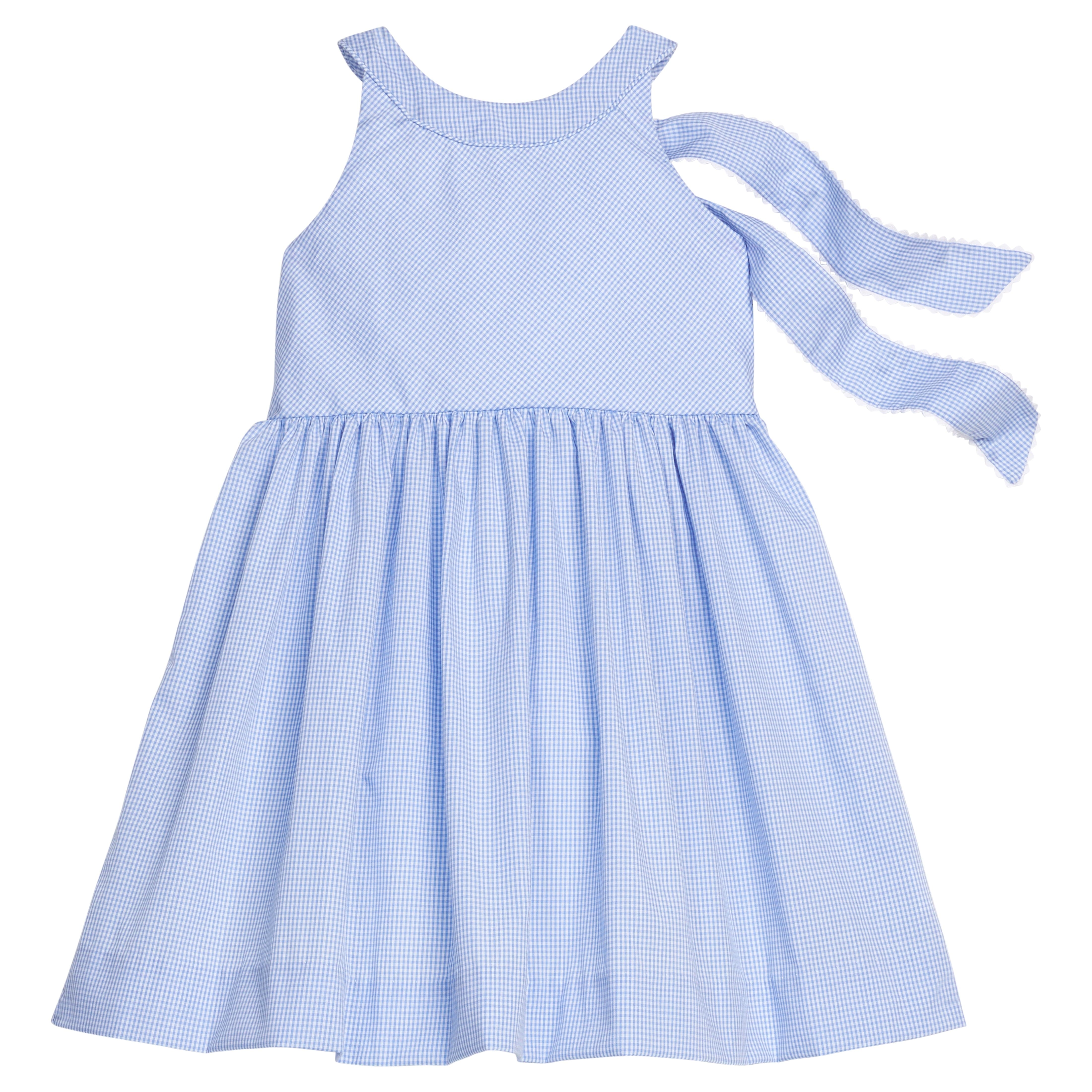 Little English traditional children's clothing.  Royal blue mini gingham sleeveless dress with white ricrac trim and bow tie in back for little girls