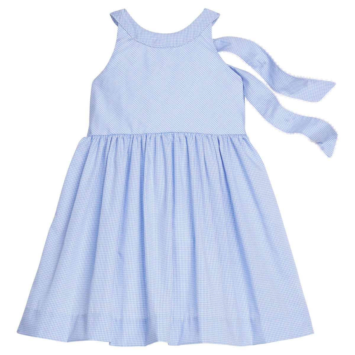 Little English traditional children's clothing.  Royal blue mini gingham sleeveless dress with white ricrac trim and bow tie in back for little girls