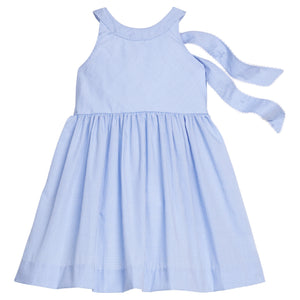 Little English traditional children's clothing.  Royal blue mini gingham sleeveless dress with white ricrac trim and bow tie in back for little girls