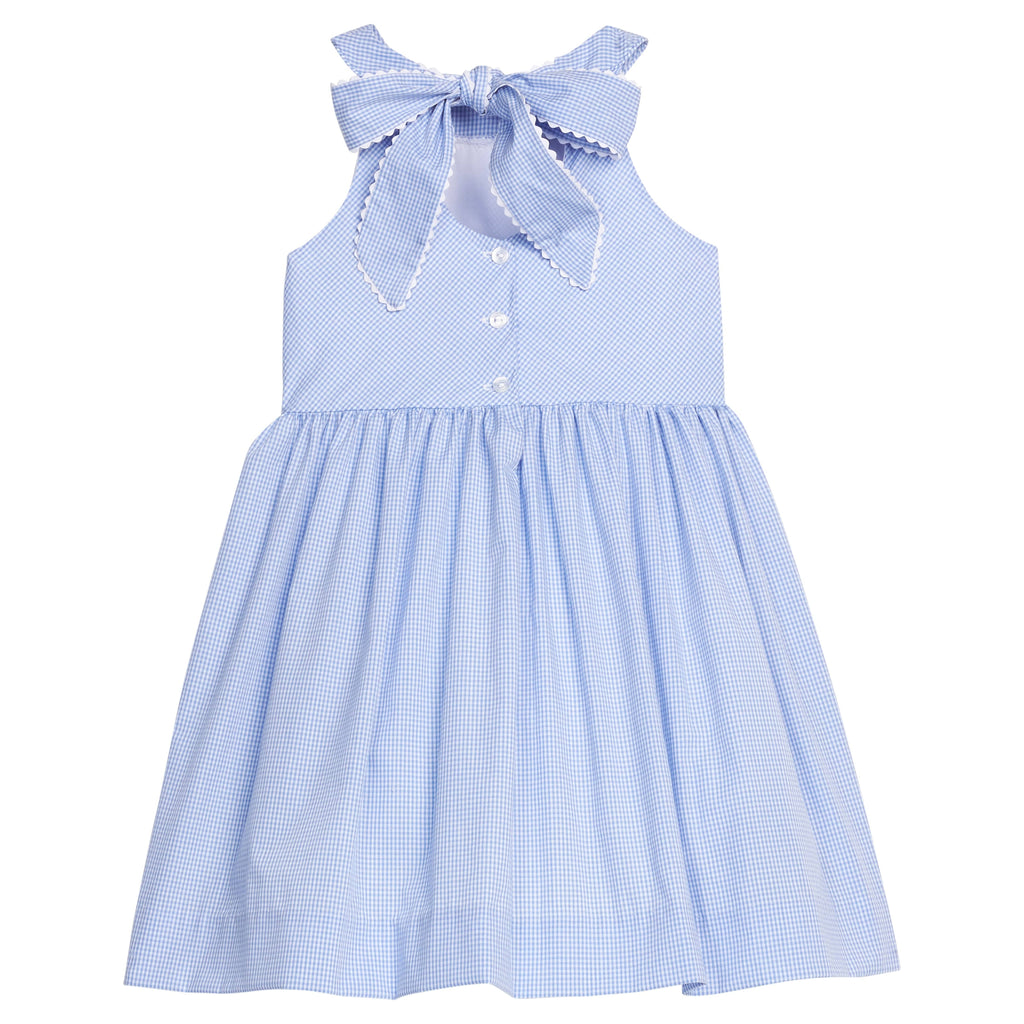 Little English traditional children's clothing.  Royal blue mini gingham sleeveless dress with white ricrac trim and bow tie in back for little girls