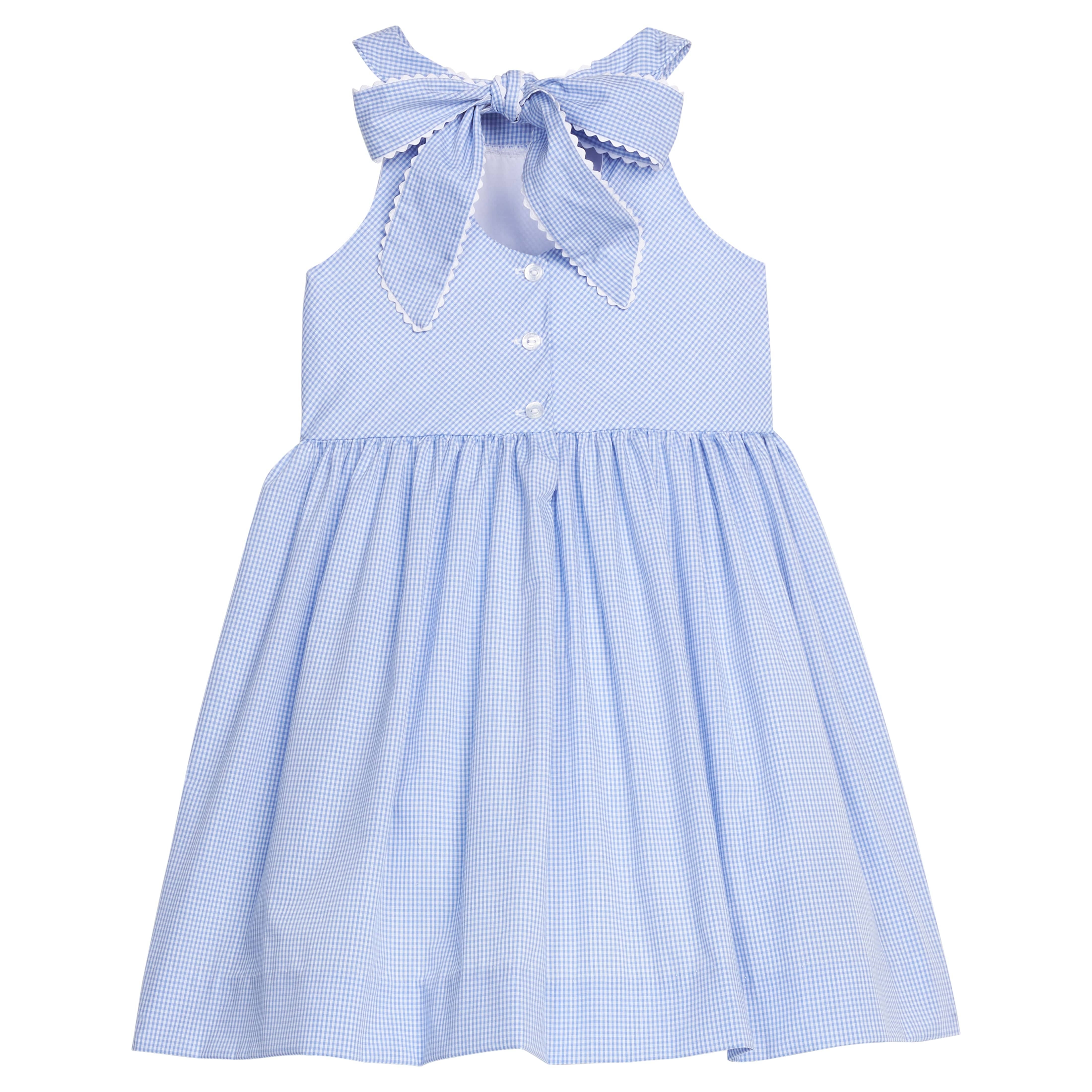 Little English traditional children's clothing.  Royal blue mini gingham sleeveless dress with white ricrac trim and bow tie in back for little girls