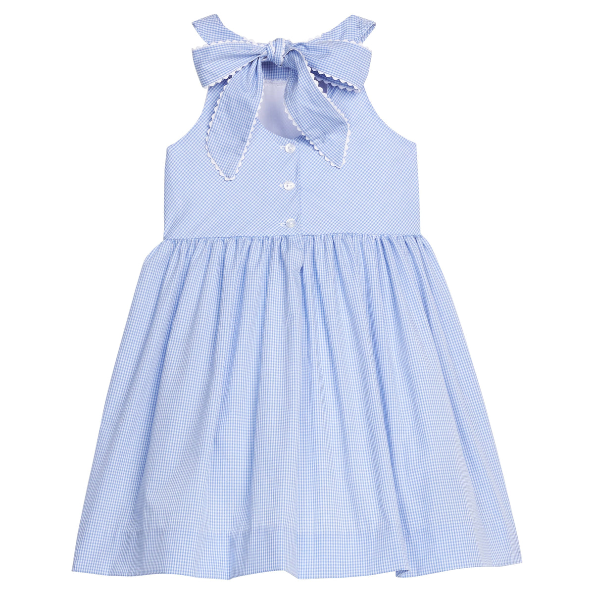 Little English traditional children's clothing.  Royal blue mini gingham sleeveless dress with white ricrac trim and bow tie in back for little girls