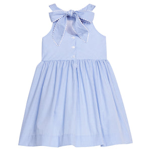 Little English traditional children's clothing.  Royal blue mini gingham sleeveless dress with white ricrac trim and bow tie in back for little girls