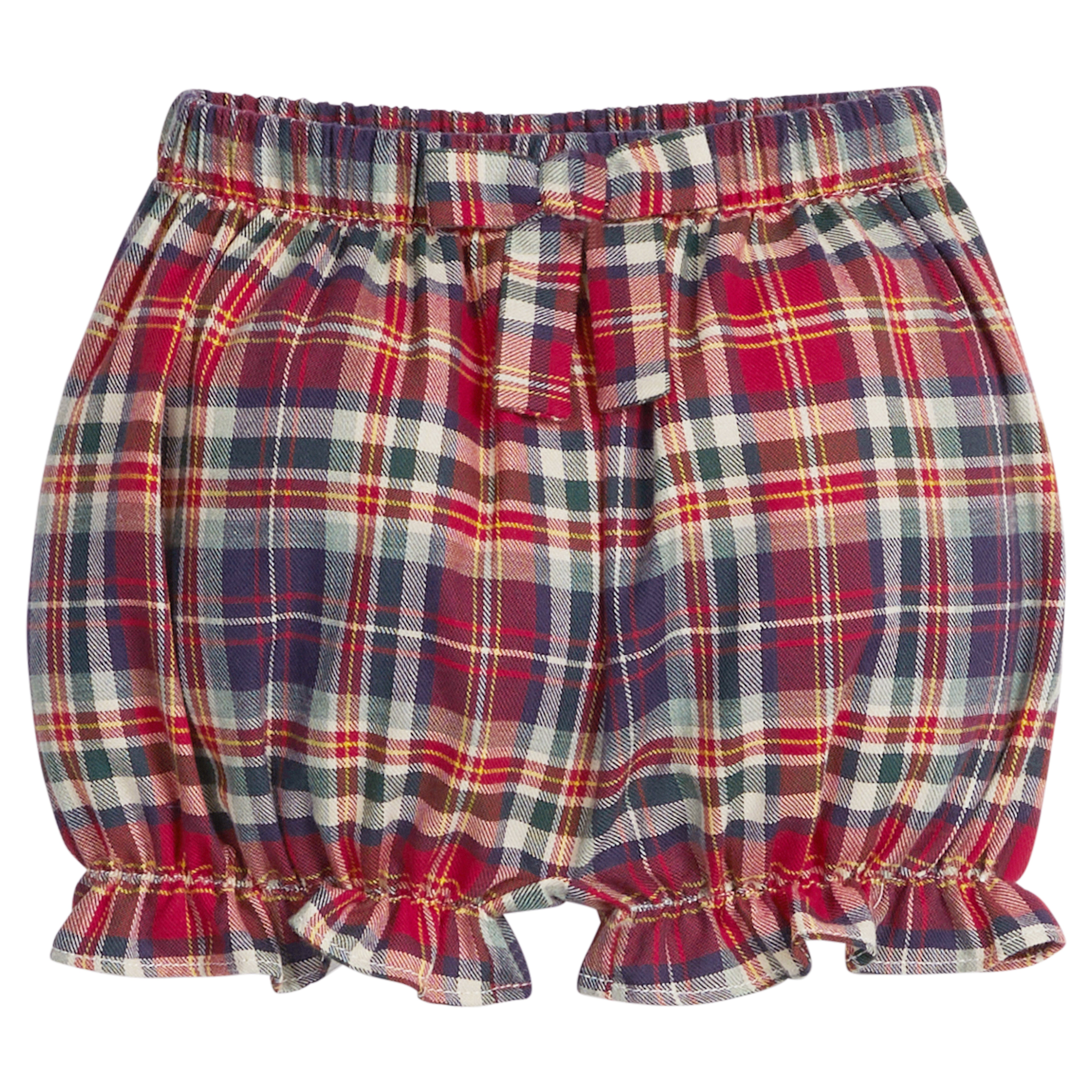 little english classic children's clothing, deep red, navy, and hunter green plaid bloomers with front bow for girls 